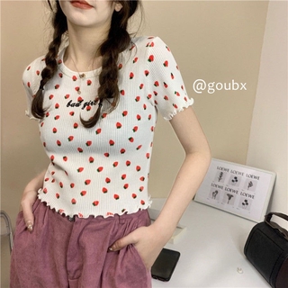Áo Croptop Nữ Dệt Kim Tay Ngắn Cổ Tròn Họa Tiết Dâu Tây Dễ Thương Siêu Đẹp