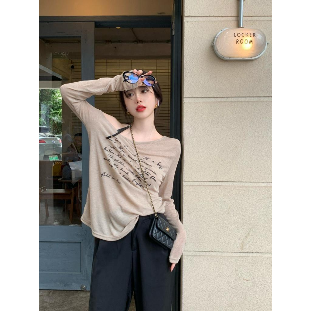 Áo Thun Tay Dài Hở Vai Dáng Ôm Mỏng Chống Nắng Thiết Kế Đơn Giản Cho Nữ