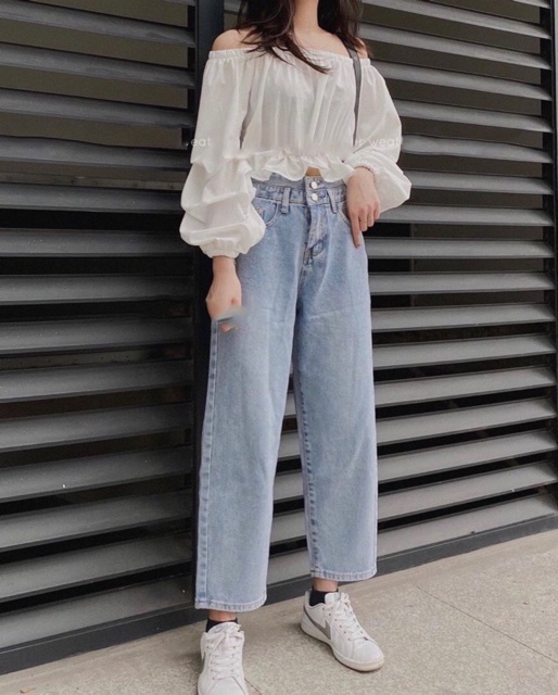 Áo croptop bẹt vai tay nấc đen, trắng