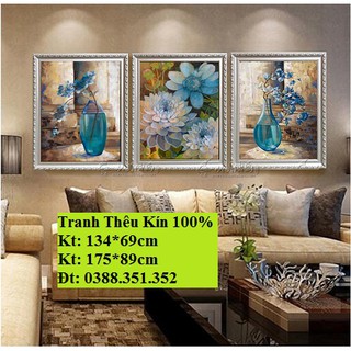 tranh thêu chữ thập bộ 3 bình thuat kt 134x69cm