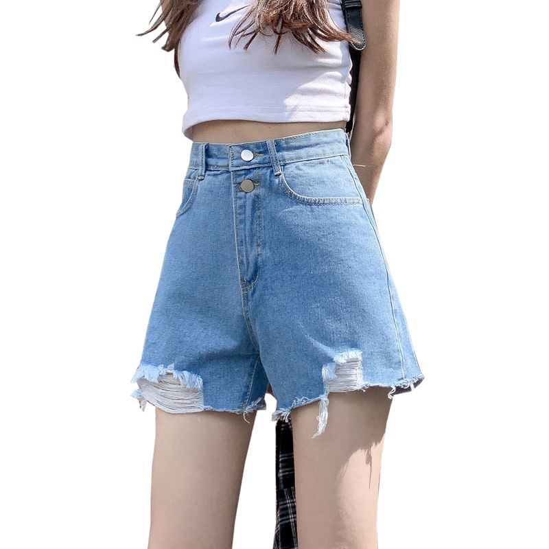 Quần short denim lưng cao dáng chữ A thời trang mùa hè phong cách Hàn Quốc cho nữ