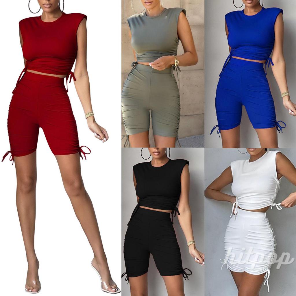 Set Áo Lửng Không Tay Cổ Tròn + Quần Short Lưng Cao Màu Sắc Đơn Giản Cho Nữ