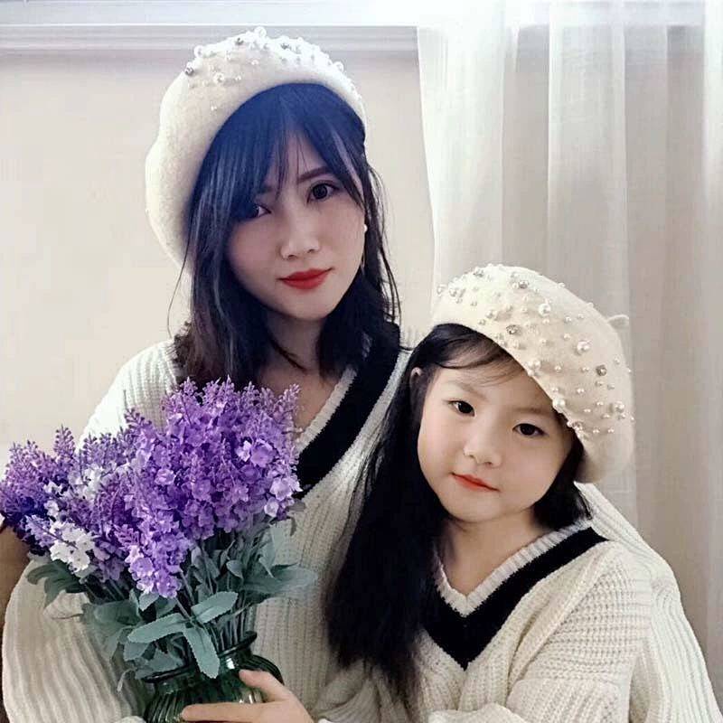 Mũ nồi vải len đính đá và ngọc trai nhân tạo phong cách Hàn Quốc thời trang thu đông mới cho nữ