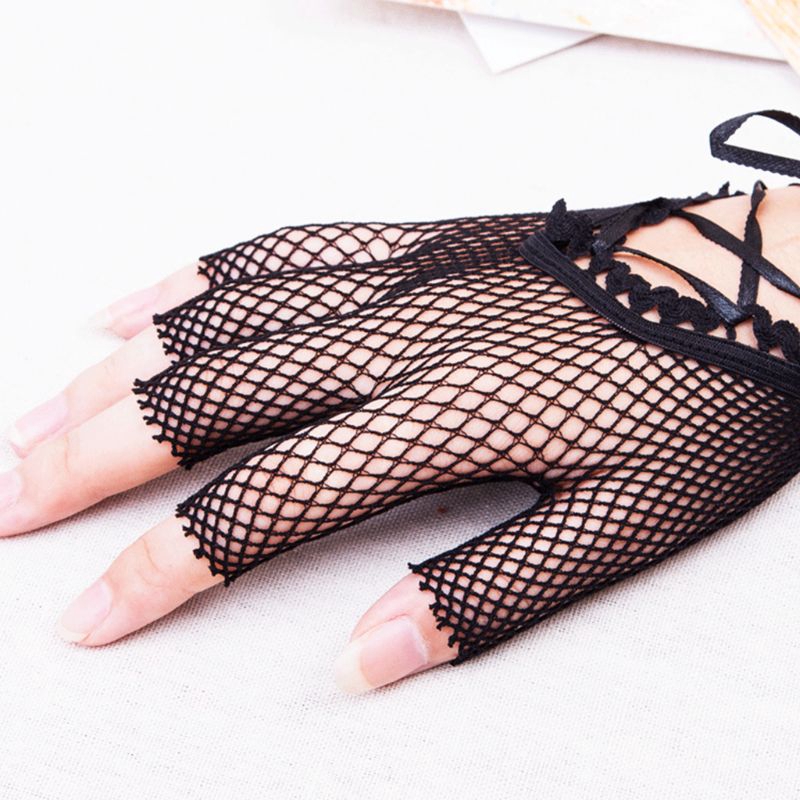 Găng tay hở ngón dạng lưới dây phối ren phong cách quyến rũ thời trang cho nữ