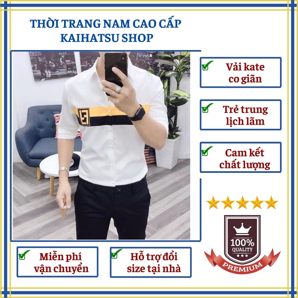 Áo Sơ Mi Nam Dài Tay KAIHATSU-TCK007 Phối Viền Sọc Vàng Ngang Thời Trang