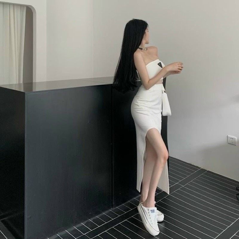 2FASHIONISTA (set) Áo ống + chân váy xẻ dài, size &lt; 53kilo