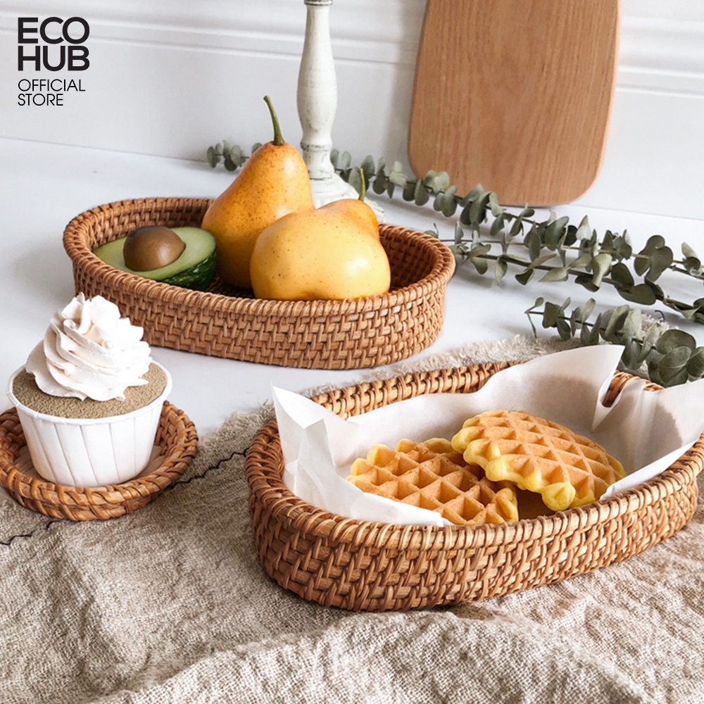 Khay mây đan thủ công hình bầu dục đựng hoa quả, đồ ăn, decor, không bị mốc tiện dụng