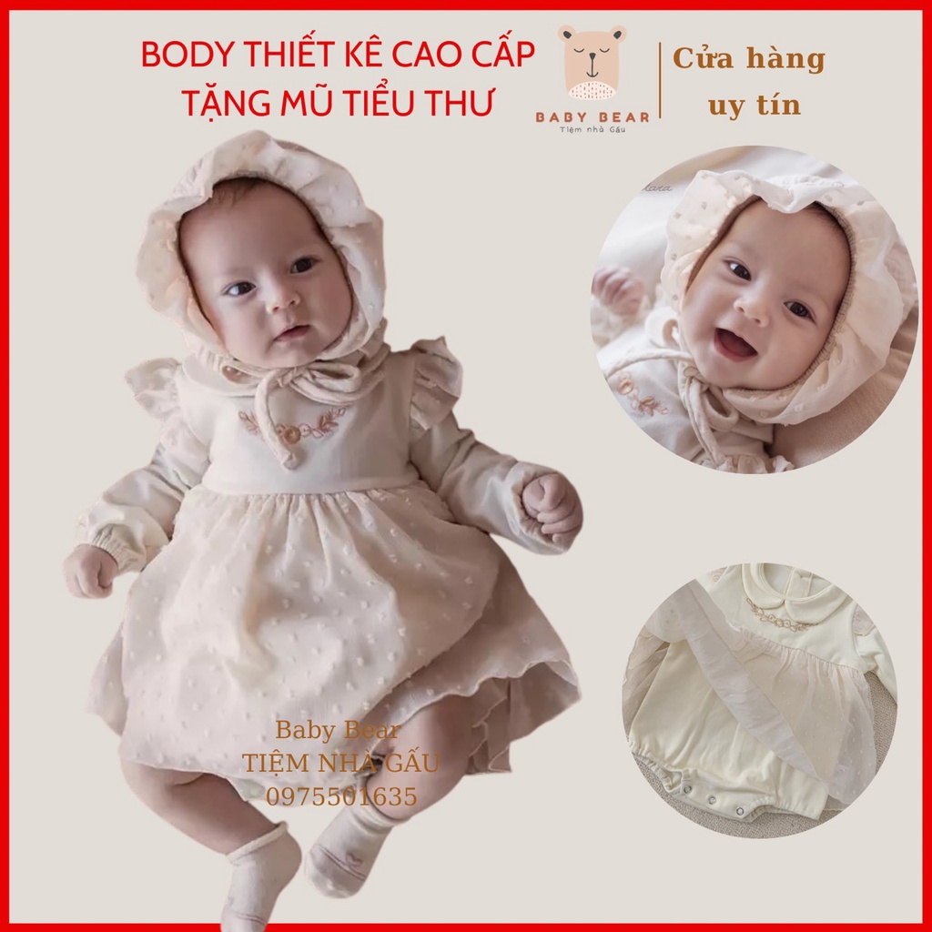 Set váy body chip tiểu thư phong cách Hàn Quốc kèm mũ bèo cho bé gái thêu hoa ngực voan xòe