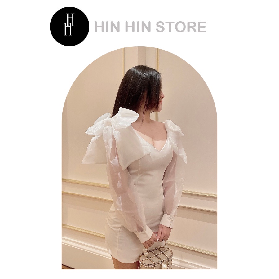 Đầm nơ vai voan lụa màu trắng H223 Hỉn Hỉn Store