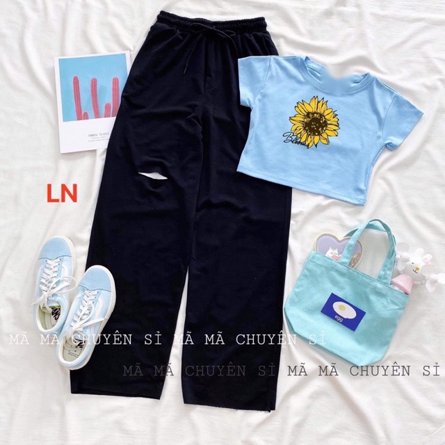 Sét áo croptop hoa cúc vàng + quần rộng rách đen LN12
