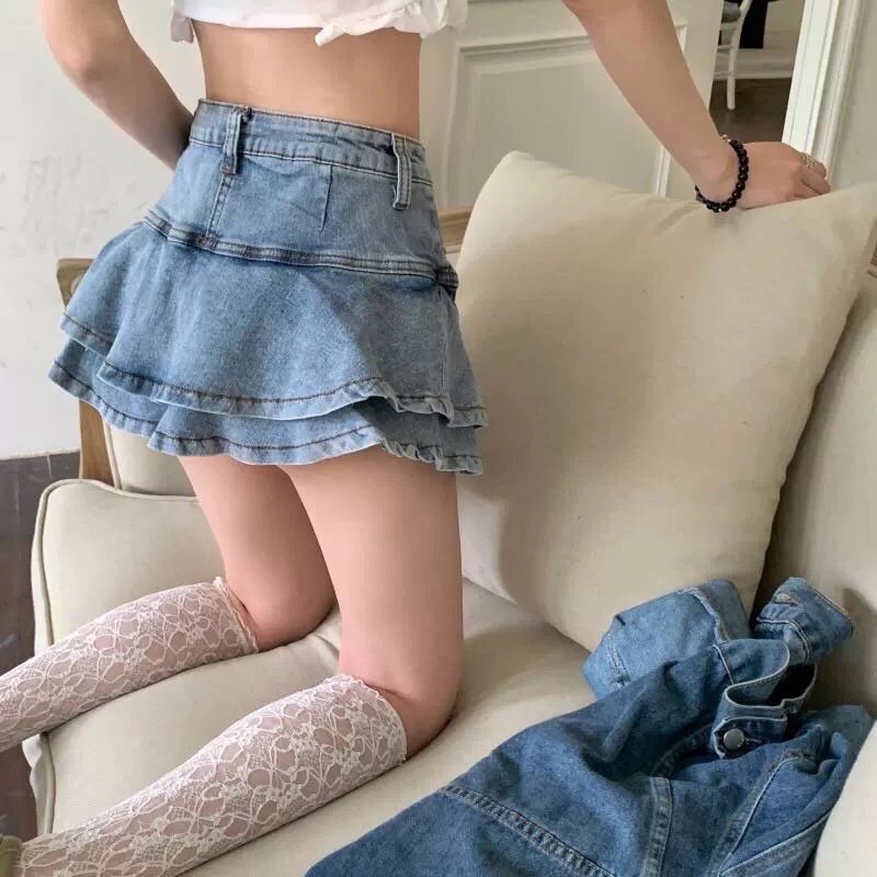 Chân Váy Jean Đuôi Cá Xòe Chữ A Có Quần Bảo Hộ  Chân Váy Xòe Dáng Ngắn Phong Cách Hàn Quốc YUMI BÁN SỈ