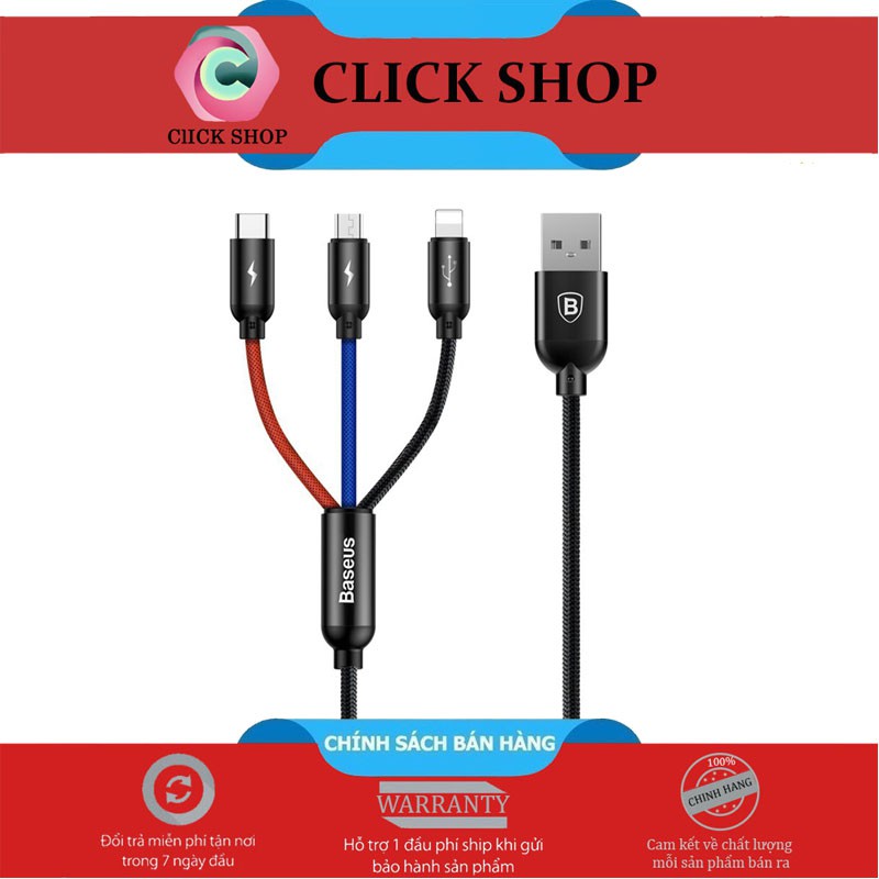 Cáp chia baseus đầu USB ra 3 đầu Type-C Micro USB sạc Iphone