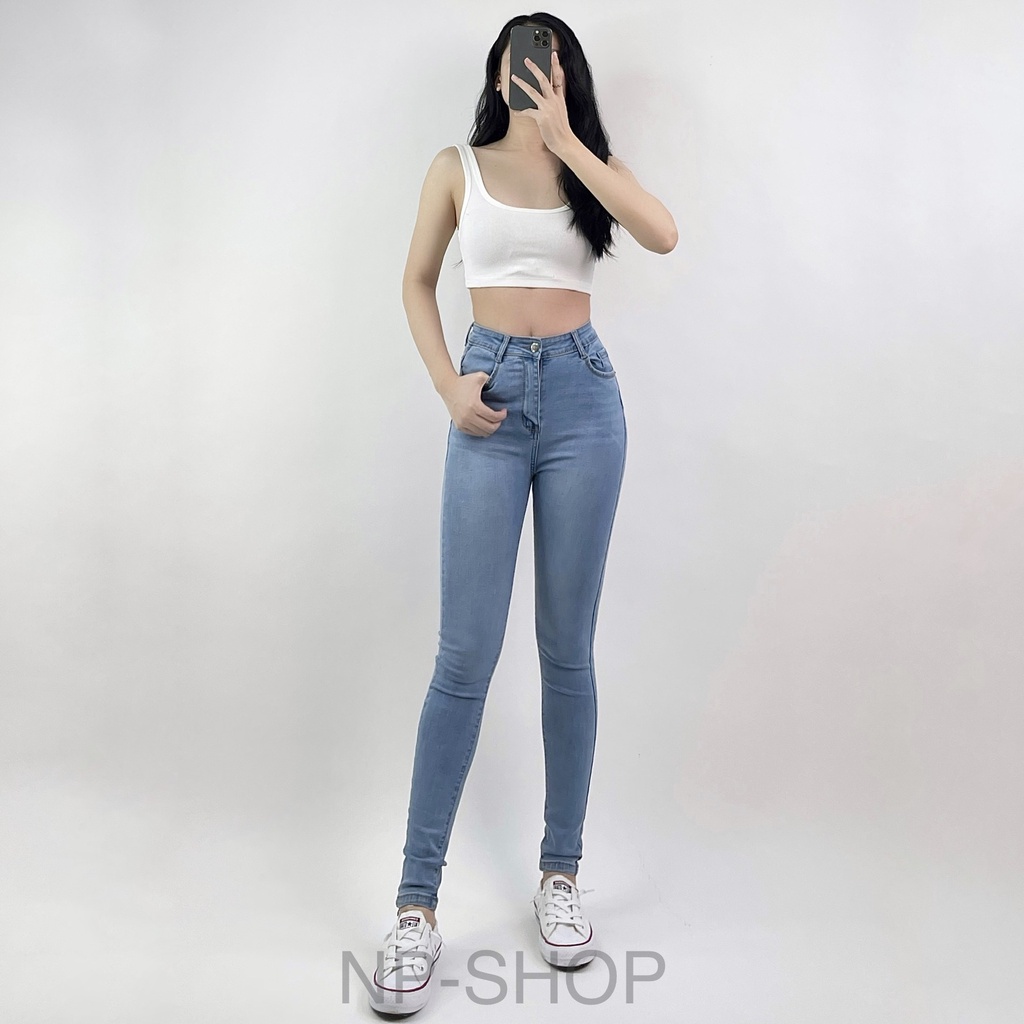 Quần jean nữ lưng cao co giãn có túi NPSHOP, quần bò cạp cao bigsize skinny jeans trơn dài basic