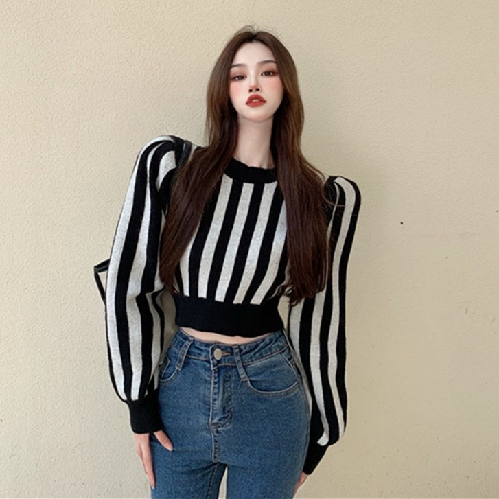 QADCOL Áo sweater dệt kim tay dài phồng họa tiết kẻ sọc nhiều màu sắc thời trang cho nữ