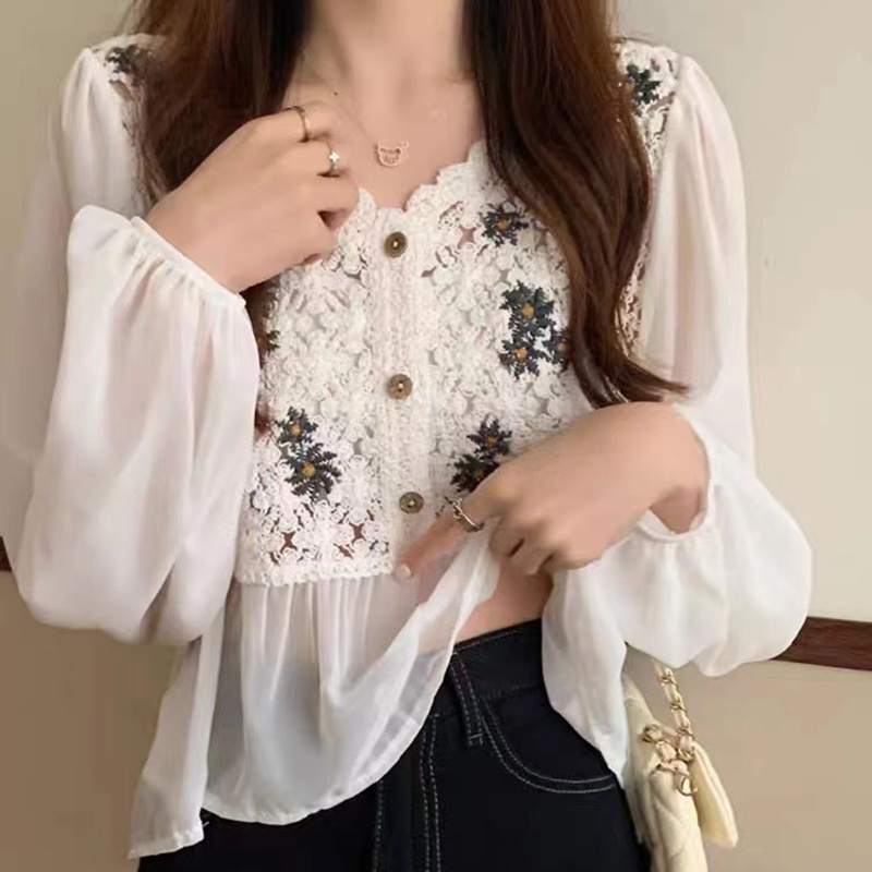 Áo Peplum Chiffon Cổ V Tay Phồng In Họa Tiết Hoa Cúc Xinh Xắn Thời Trang Cho Nữ
