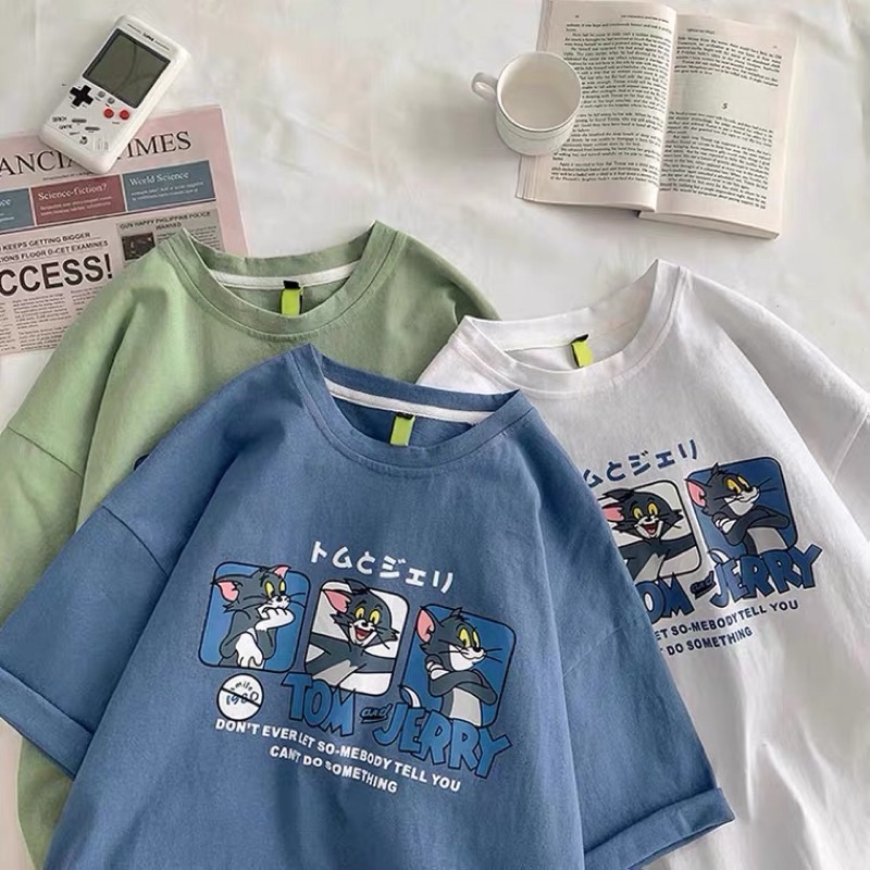 Áo thun tay lỡ nam nữ, áo phông unisex form rộng chất cotton mát mịn thấm hút mồ hôi in hình mèo tom