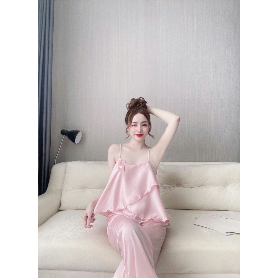 👉👉 Sét đồ ngủ 2 dây 2 tà chéo dễ thương👉👉 quần dài lụa satin dễ thương