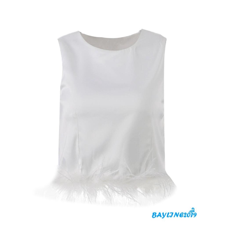 Áo Croptop Sát Nách Màu Trơn Phối Lông Vũ Thời Trang Đường Phố Cho Nữ