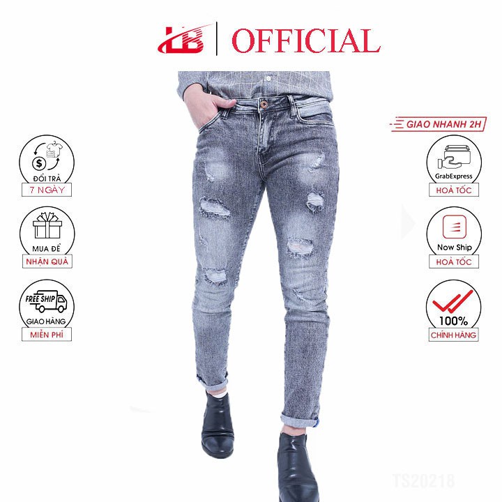 Quần jean dài nam LB vải jean denim dày dặn co giãn, màu xám rách thời trang, cá tính, phom slimfit jean, DNBB5156 - HÀN