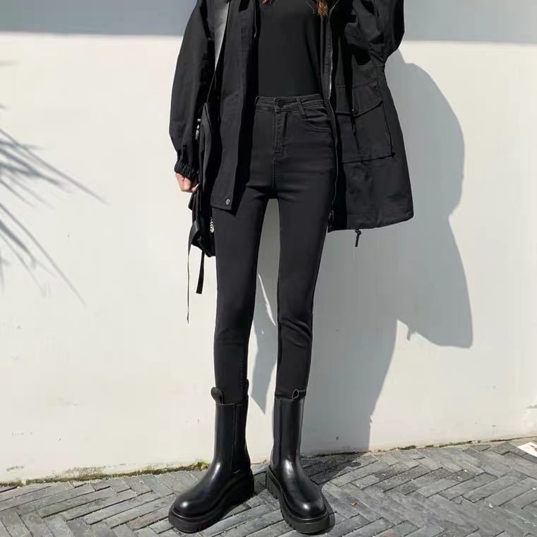 Quần Jeans Nữ Dài Lưng Cao Ôm Chân Màu Đen / Xám Khói Phong Cách Hàn Quốc