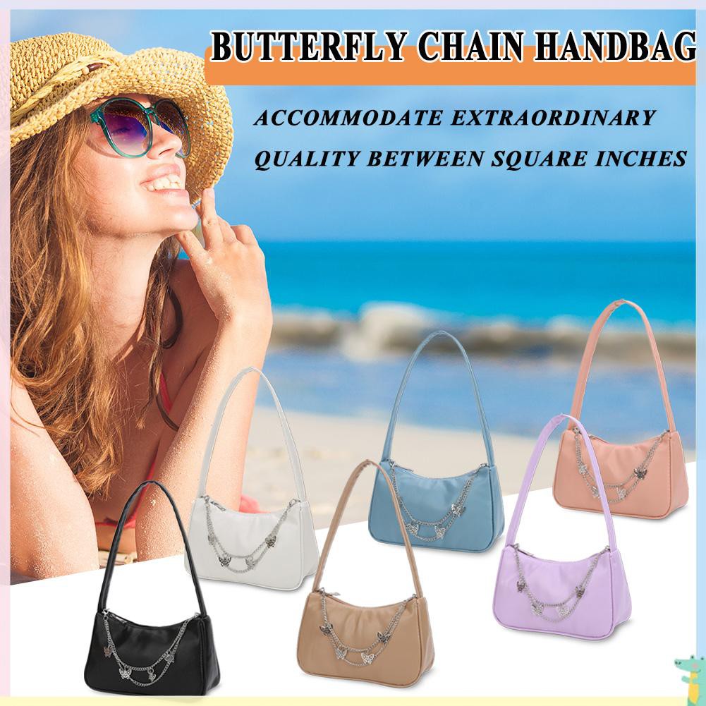 Ready Fashion Women PU Leather Underarm Bag Butterfly Chain Pure Color Mini Purse