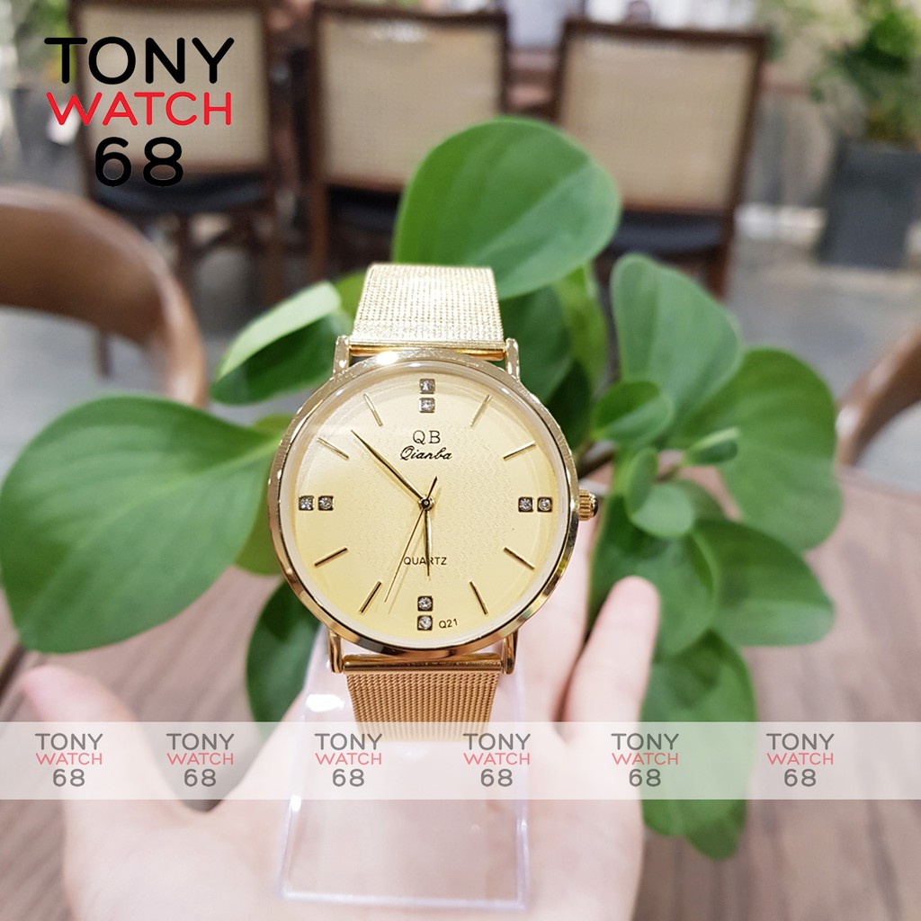 Đồng hồ đôi nam nữ QB dây lụa vàng sang chảnh chống nước chính hãng Tony Watch 68