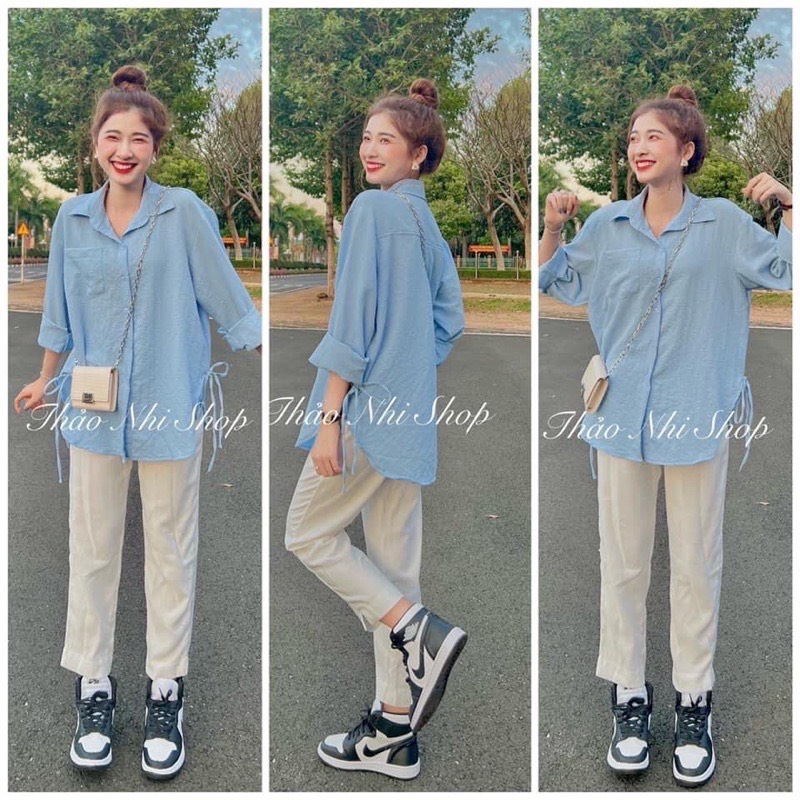 Set quần kaki trắng mix áo sơ mi xanh dương / Sét bộ dài tay thiết kế form rộng phong cách Hàn Quốc 2style-unisex