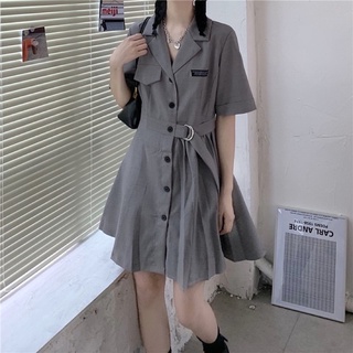 Váy sơ mi dáng xoè cổ bẻ dạng blazer có thắt eo