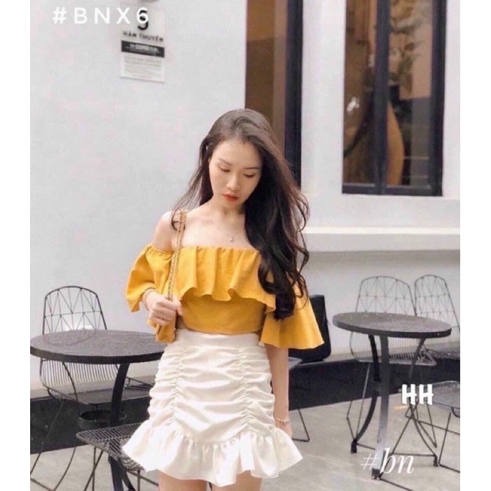 Áo trễ vai croptop có giãn, chất liệu voan mềm mịn hình thật bảng màu shop tự chụp