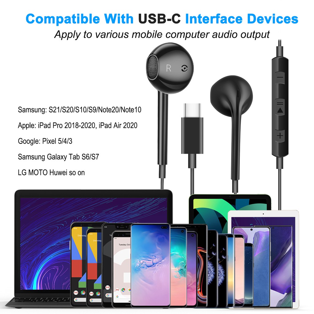 Type C Earphone with Mic Volume Control For Samsung Galaxy S21/S22 Ultra/Note 20 HUAWEI Mate 10 Pro P20 Por P30 p30 Pro XIAOMI MI 9 8 7 6 6X MIX2