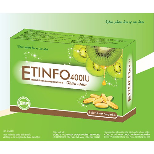 Viên Uống Bổ sung Vitamin E Etinfo 400IU Thiên Nhiên Giúp Giảm Lão Hóa, Da Sáng Khỏe Đẹp Tự Nhiên Hộp 30 Viên