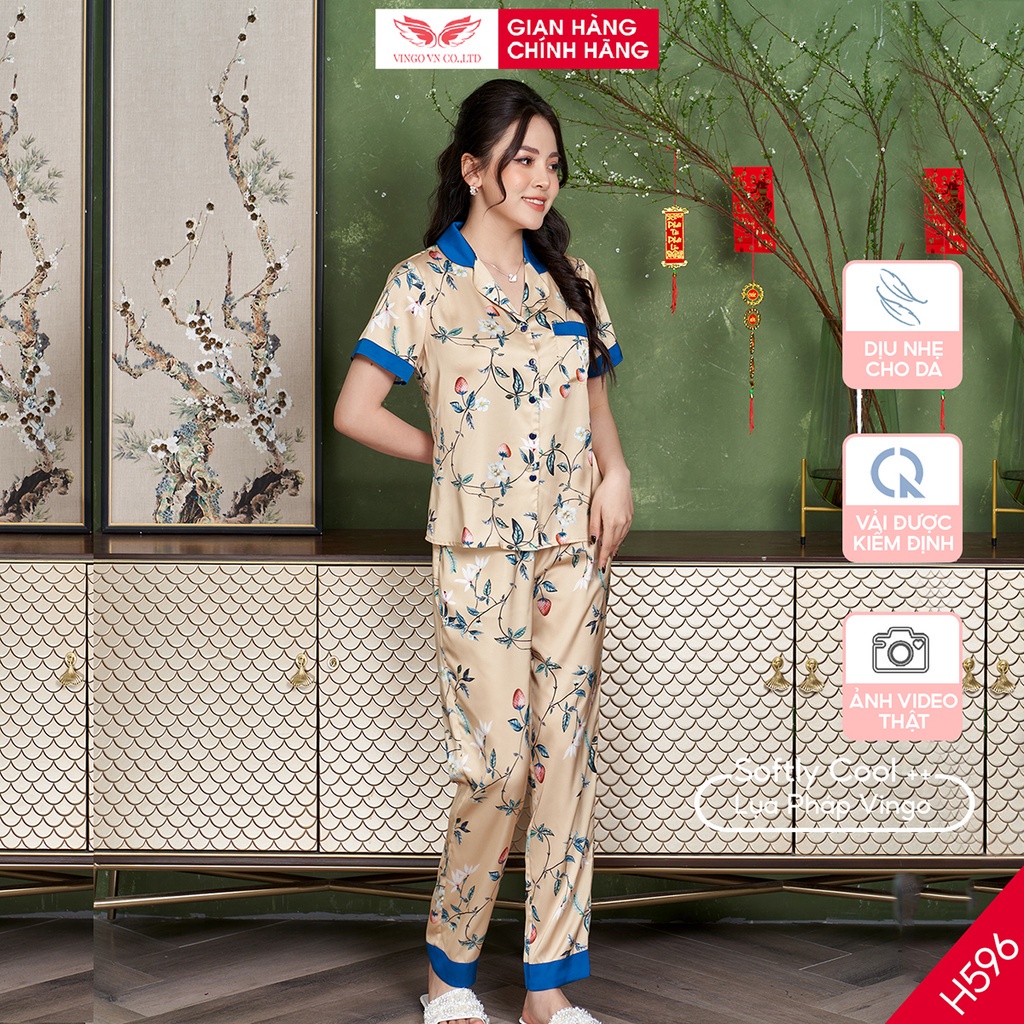 Bộ Đồ Ngủ Nữ Pijama Mặc Nhà Quần Dài Tay Ngắn Lụa Cao Cấp VINGO Đẹp Mềm Mịn Thấm Hút Thoáng Mát H596 VNGO