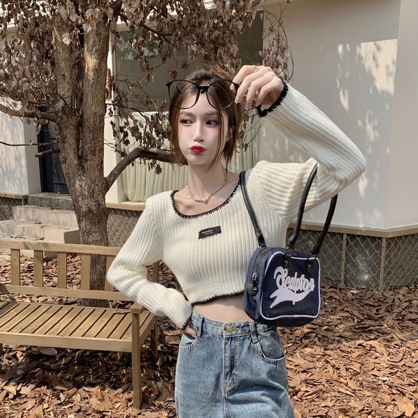 ZHELIHANGFEI Áo Dệt Kim Tay Dài Cổ Vuông Lưng Cao Quyến Rũ Thời Trang Cho Nữ