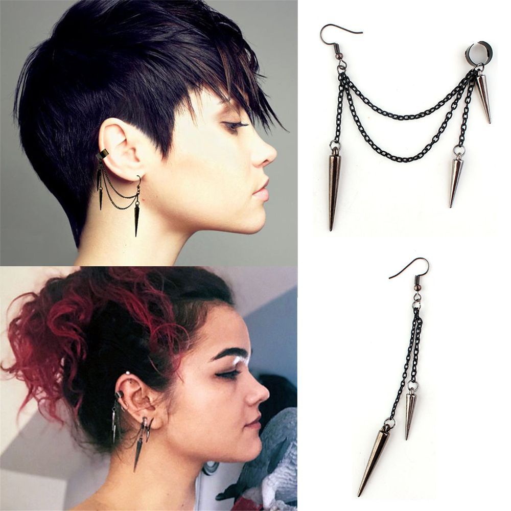 NEXTSHOP 2 Pairs Jewelry Punk Earrings Vintage Ear Clip Rivet Long Tassel Ear Hook Fashion Dangle Gothic Hip Hop Ear Stud