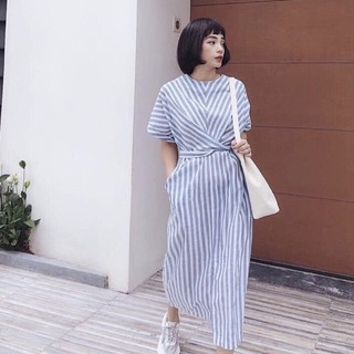 Đầm váy freesize sọc xanh form dài chéo eo