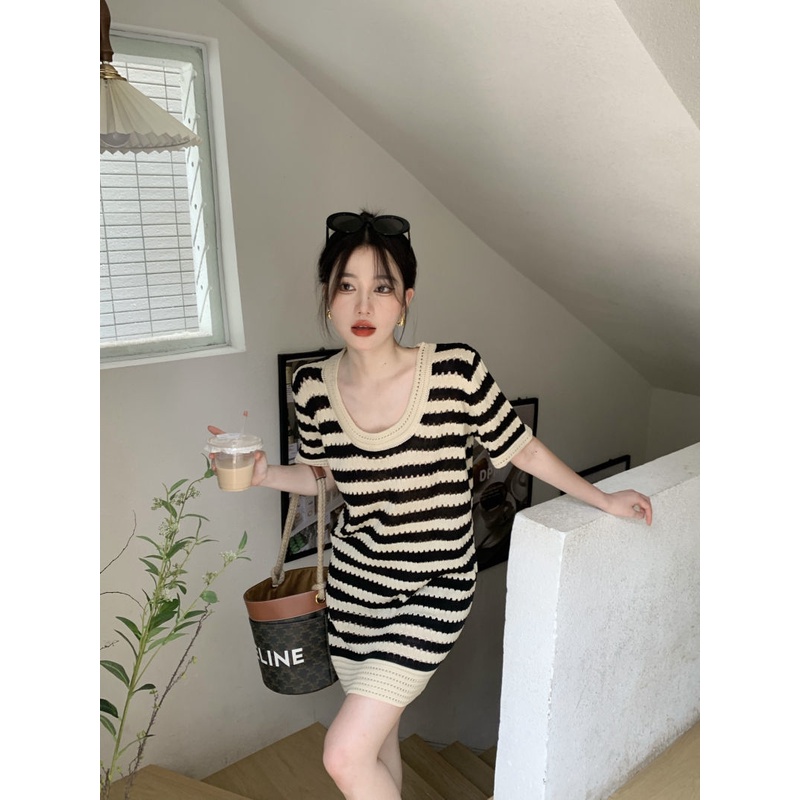 Đầm Thun Dệt Kim Dáng Rộng Họa Tiết Kẻ Sọc Thời Trang Mùa Hè Hàng Mới Dành Cho Bạn Nữ