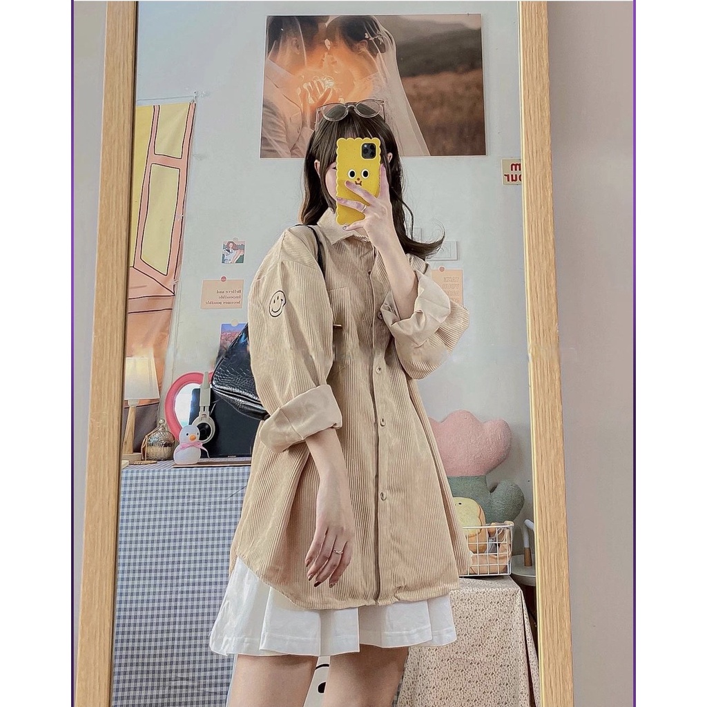 Áo sơ mi nữ LylyshopUnisex, kiểu áo sơ mi nhung tăm oversize form rộng thêu hình mặt cười phong cách ullzang