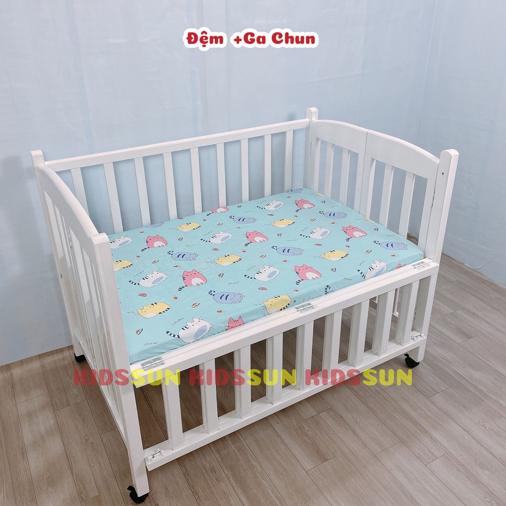 Bộ 3 sản Phẩm Phụ Kiện Ga Chun Bọc Đệm , Đệm Bông Ép, Bộ 4 Tấm Quây Kidssun Cho Giường Cũi Trẻ Em