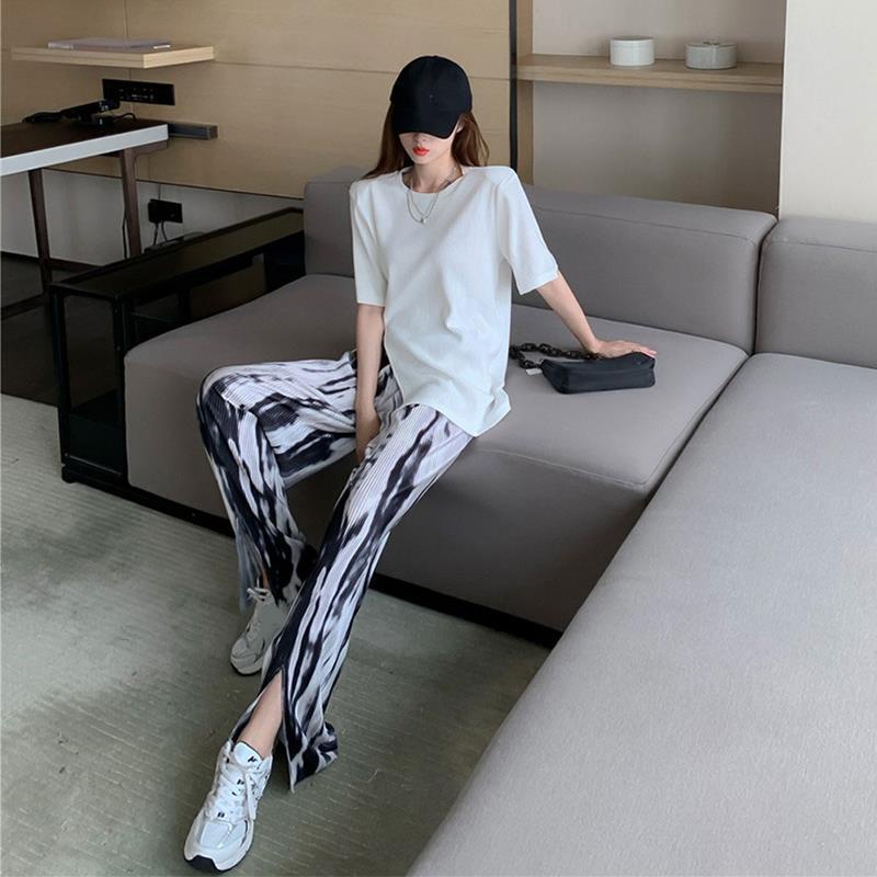 Mới Set Áo Thun Ngắn Tay + Quần Dài Ống Rộng Thời Trang Nữ