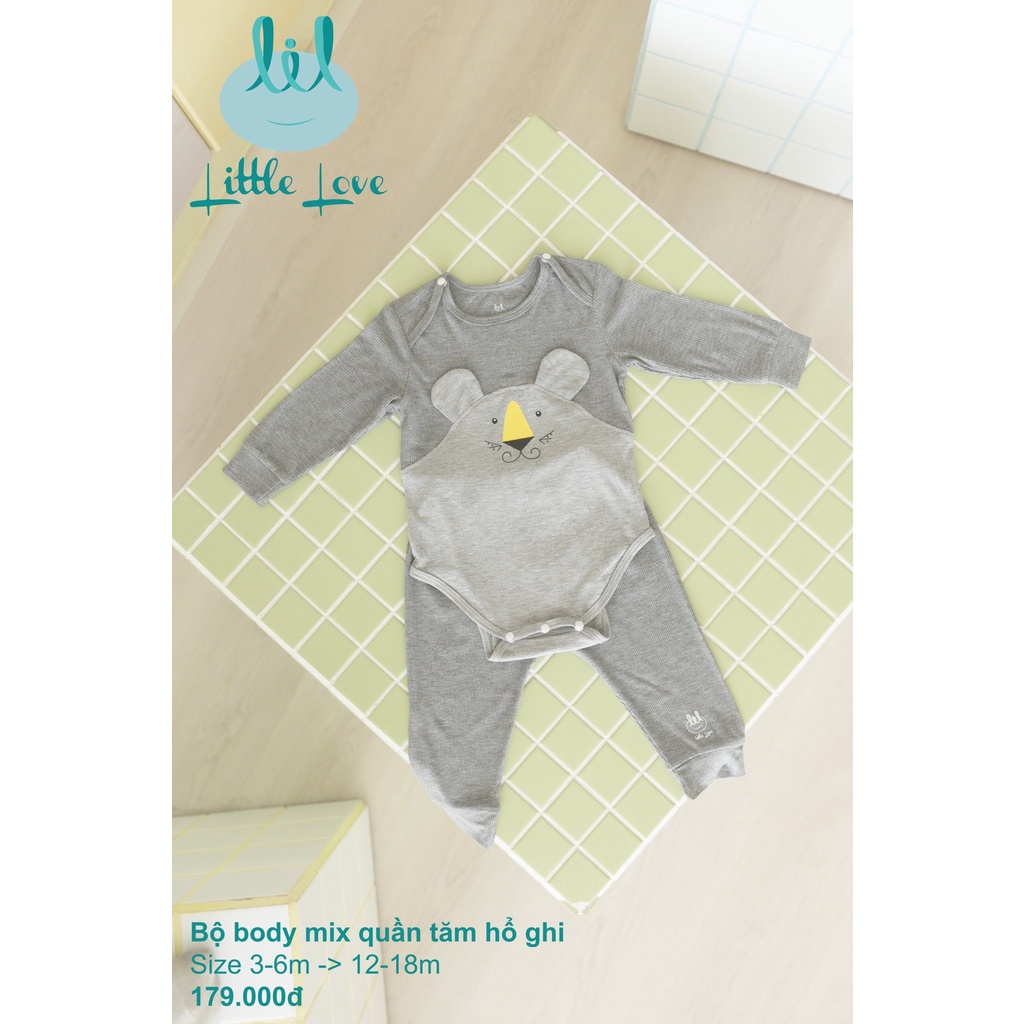Bộ body mix quần in hình gấu vải tăm cho trẻ từ 3m đến 18m little love (LDT106)