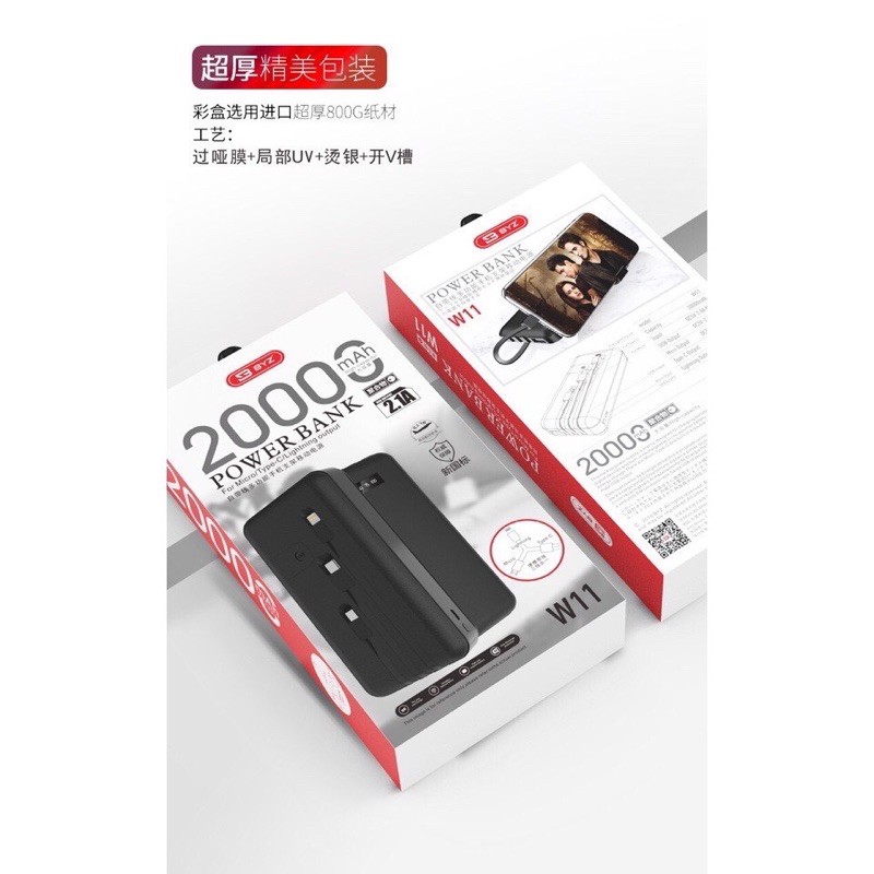 (20.000mah BH 6 THÁNG) Pin sạc dự phòng byz w11 chính hãng dung lượng 20.000mah, 3 dây sạc micro usb,type c,lightning