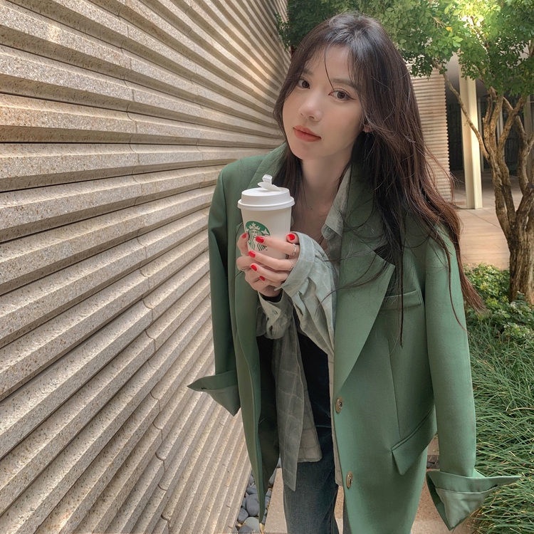 Áo Khoác Blazer Hai Nút Cài Màu Xanh Bơ Dáng Rộng Cỡ Lớn Thời Trang Xuân Thu Cho Nữ