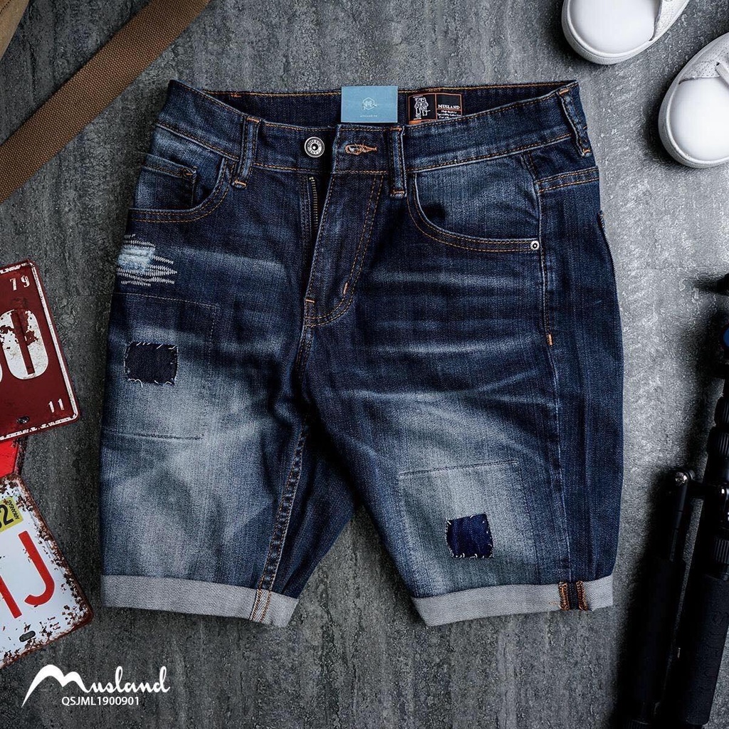 Quần Short Jean Nam, quần short bò, quần đùi nam VNXK MUSLAND 100% Cotton, Jean ngố rách vuông