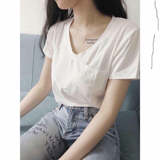 Áo Thun Cổ Tim Form Vừa Người Có Túi [Sp Bán Chạy 2021]  - Shopee Mall Thời trang nữ