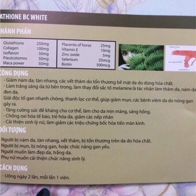 Viên uống nám Glutathione BC White (tác dụng 5 trong 1: da trắng sáng,loại bỏ nám,tàn nhang,ngừa lão hoá,chống nắng)30 v | BigBuy360 - bigbuy360.vn