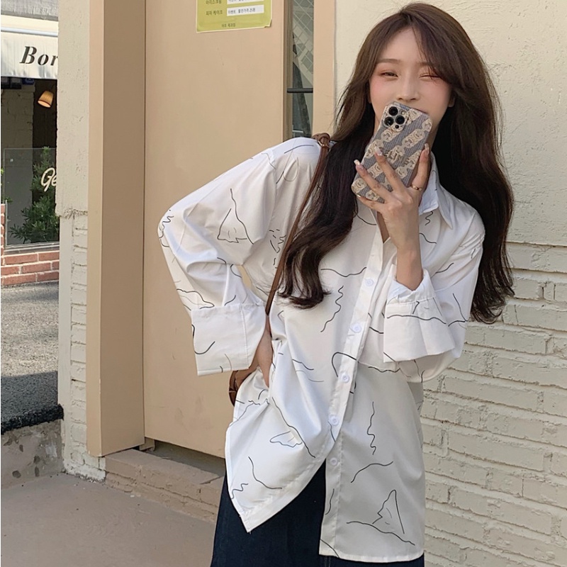 Linki ❀ Áo Sơ Mi Nữ Tay Dài Form Rộng Họa Tiết Đơn Giản