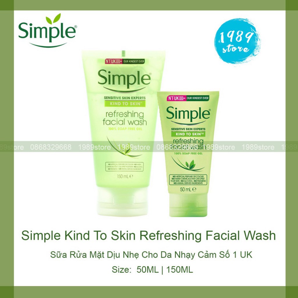 nam103 UK - Sữa Rửa Mặt SIMPLE Kind to Skin Refreshing Facial Wash Dịu Nhẹ Cho Da Nhạy Cảm nam103
