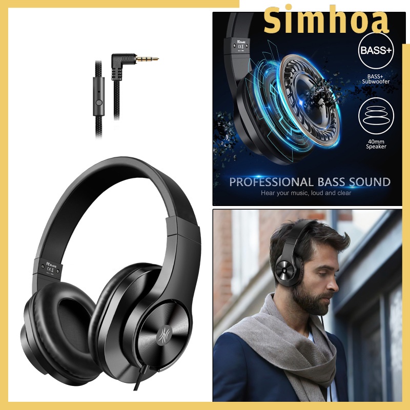 [SIMHOA] Wired Headphones Over Ear Headset w/ Microphone Stereo Bass Earphone