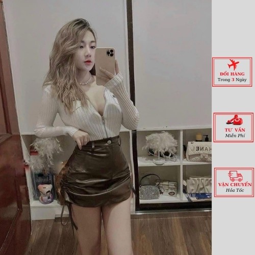Chân váy da nữ rút dây cao cấp màu đen nâu ulzzang Hàn Quốc cá tính