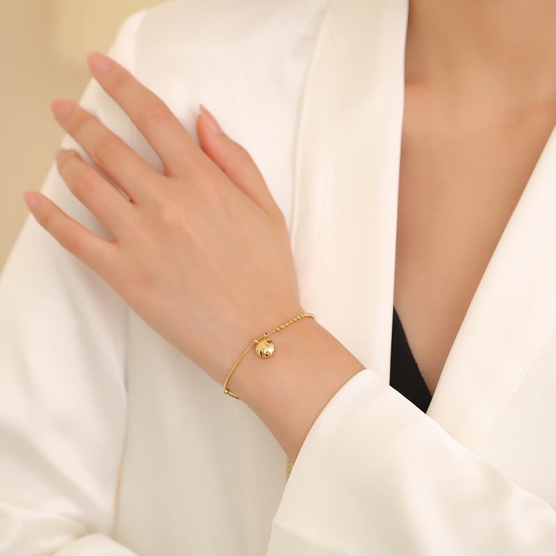 Lắc tay titan không gỉ, vòng tay titan mạ vàng 18k dạng bi tròn xinh xắn khắc chữ may mắn phong cách ins hàn quốc